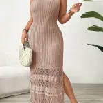 Women'S Elegant Beige Maxi Dress with Fringe Detail