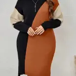 1pc Elegant Color Block Midi Turtleneck Sweater Dress