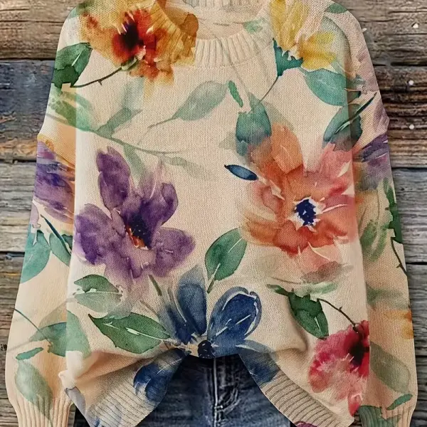 Floral Print Sweater - Elegant Crew Neck