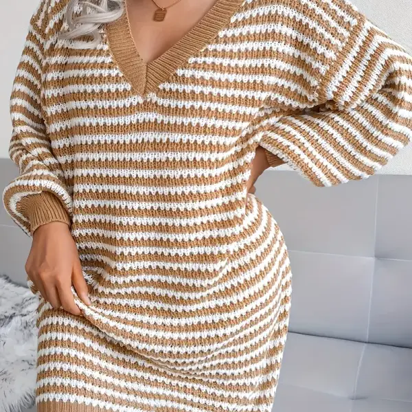 Casual V-Neck Striped Sweater Dress