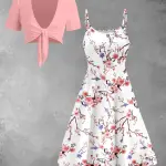 2pcs Chic Women'S Floral Print Sleeveless Dress & Pink V-Neck Cardigan Set