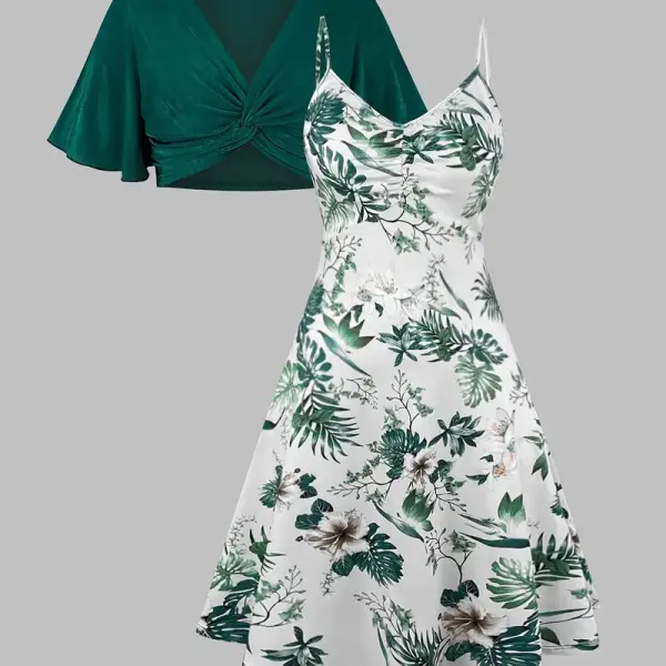 Women's casual suit suit solid color V-neck and plant print