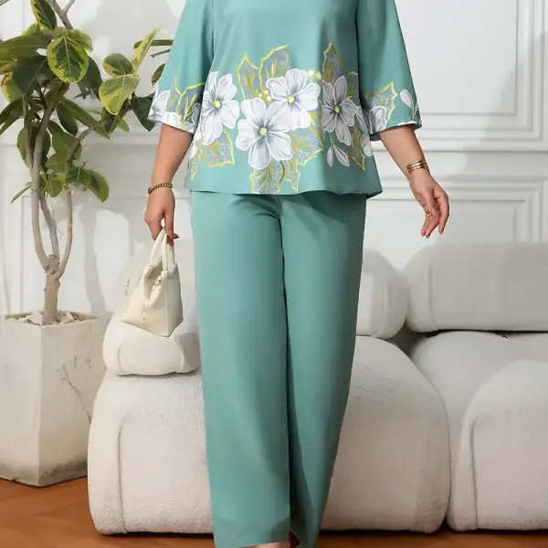 Elegant Floral Print Blouse & Matching Pants Set