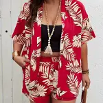 Printed Tropical Kimono and Shorts Set, No Bra Top