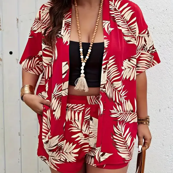 Printed Tropical Kimono and Shorts Set, No Bra Top