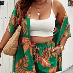 Printed Tropical Kimono and Shorts Set, No Bra Top