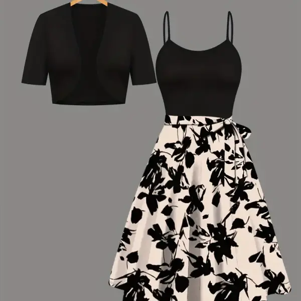 Women'S Elegant Two-Piece Set - Solid Black Cardigan with Floral Print Suspender Dress