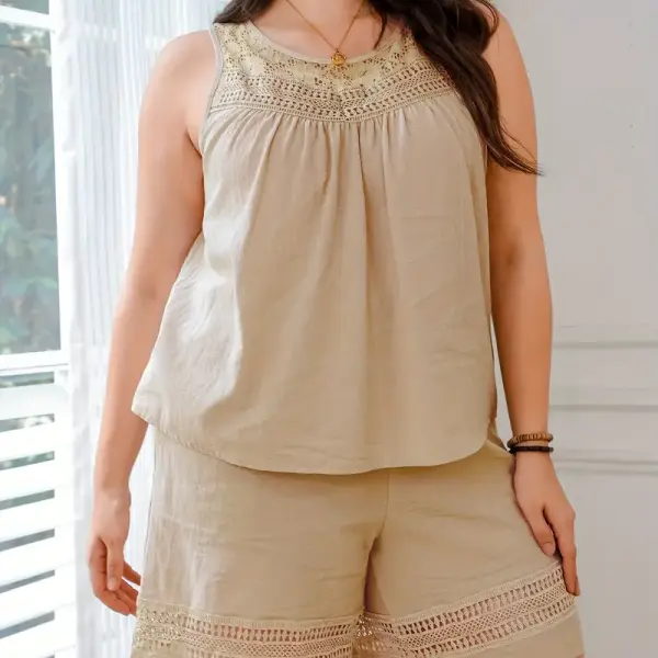 Casual Two-piece Set, Embroidered Eyelet Crew Neck Tank Top & Shorts Outfits