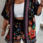 Floral Print Two-Piece Set - Short Sleeve Cardigan