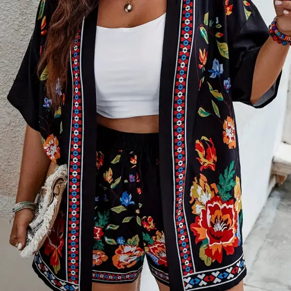 Floral Print Two-Piece Set - Short Sleeve Cardigan
