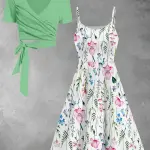 Stylish Women's solid color top with floral print dress Elegant 2pcs