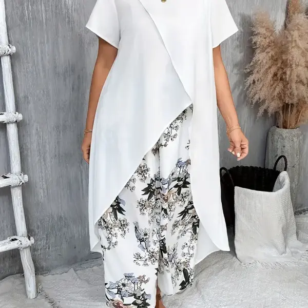 Crew Neck Floral Short Sleeve Casual Pants Set