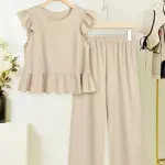 Casual Two-Piece Set - Beige Ruffle Hem Top & Wide-Leg Pants