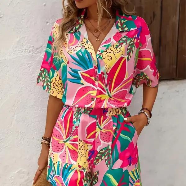 Tropical Print Short Sleeve Shirt & Shorts Co-ord Set,