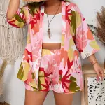 eaf Print Two-Piece Set, 3/4 Sleeve Open Front Top and Shorts Outfit
