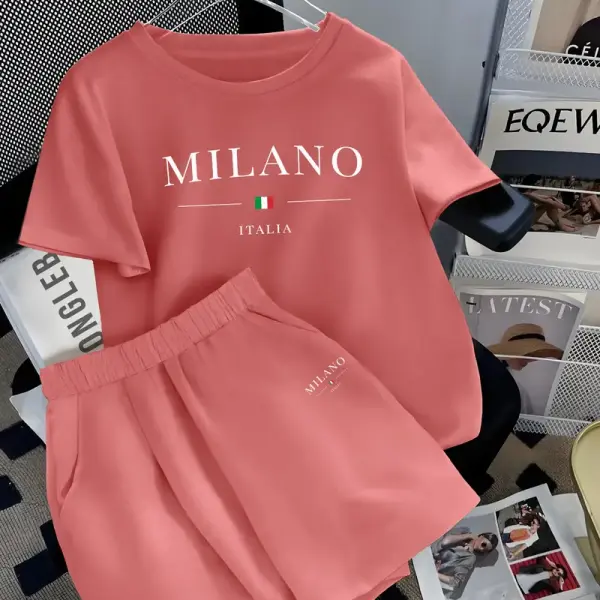 2pcs Summer Casual Women's Round Neck Short Sleeve Set with Milano City Print
