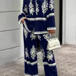 Casual Country Print Loose Long Sleeve Top and Pants Two