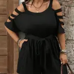 Elegant Off-Shoulder Jumpsuit - Stretchy Solid Black Romper with Round Neck
