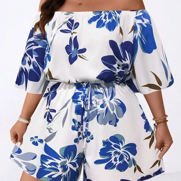 Off-Shoulder Floral Print Jumpsuit - Short Sleeve, Ruffled Hem, White with Blue & Golden Flowers