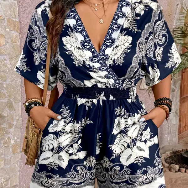 V-Neck Floral Print Shorts Romper with Pockets