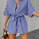 Striped Lapel Collar Button-Front Cardigan Mid-Sleeve Belted