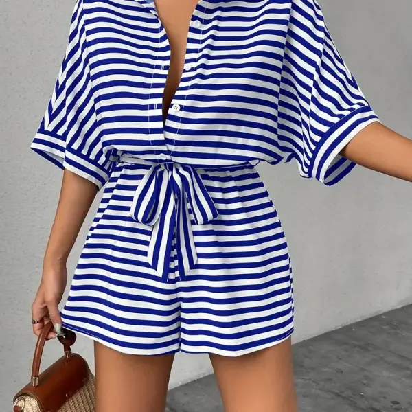 Striped Lapel Collar Button-Front Cardigan Mid-Sleeve Belted