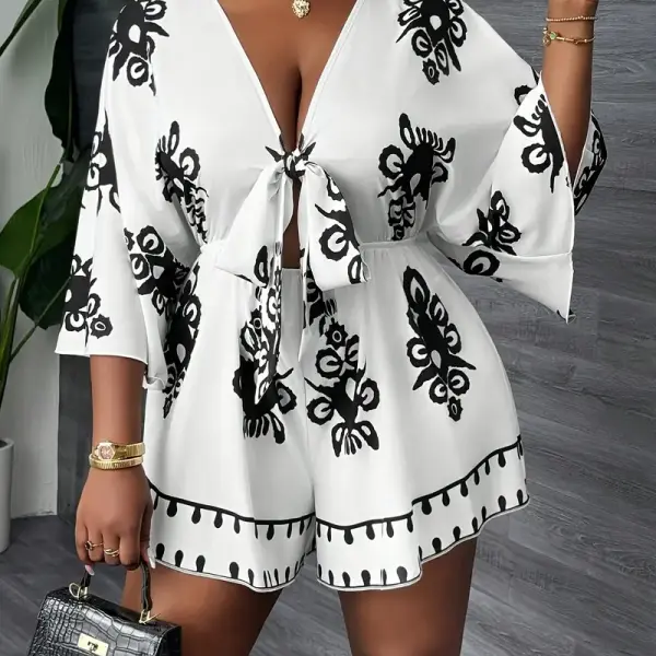 opical Print Jumpsuit - Loose Fit, Short Sleeve, V-Neck