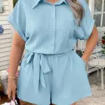 Elegant Solid Color Shirt Collar Jumpsuit - Light Blue Button-Front Design