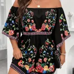 Floral Print Romper, Vacation Casual Off Shoulder Romper