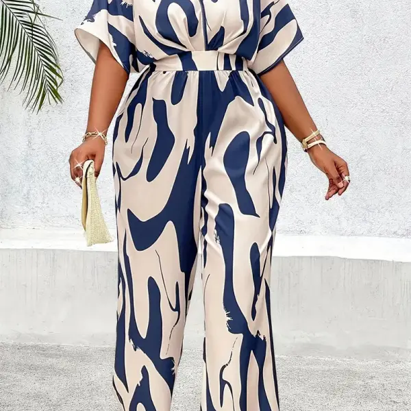 Women's Plus Size Batwing Sleeve Belted Print Jumpsuit