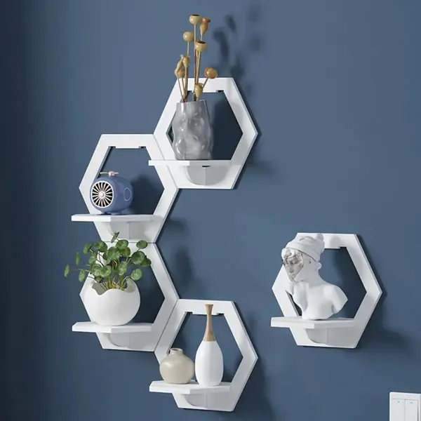 3/6pcs Hexagon Wall Shelf Punch Free Bedside Wall Display