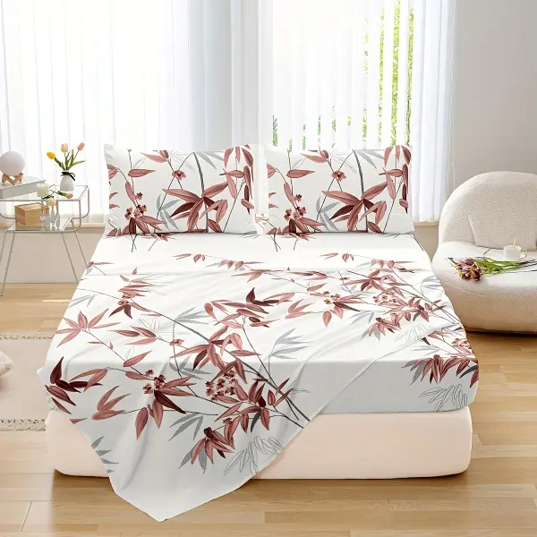 4pcs Elegant Bamboo Leaf Print Fitted Sheet Set