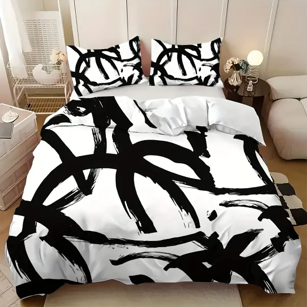Three-piece set of bedding with splashed ink geometric line print