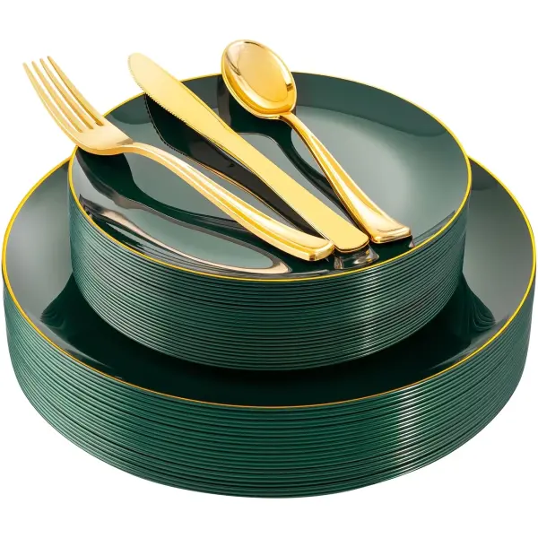 50pcs Green Golden Rim Plastic Plate Set
