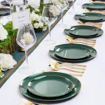 50pcs Green Golden Rim Plastic Plate Set