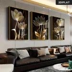 3pcs Elegant Black and Golden Abstract Flower Canvas Art