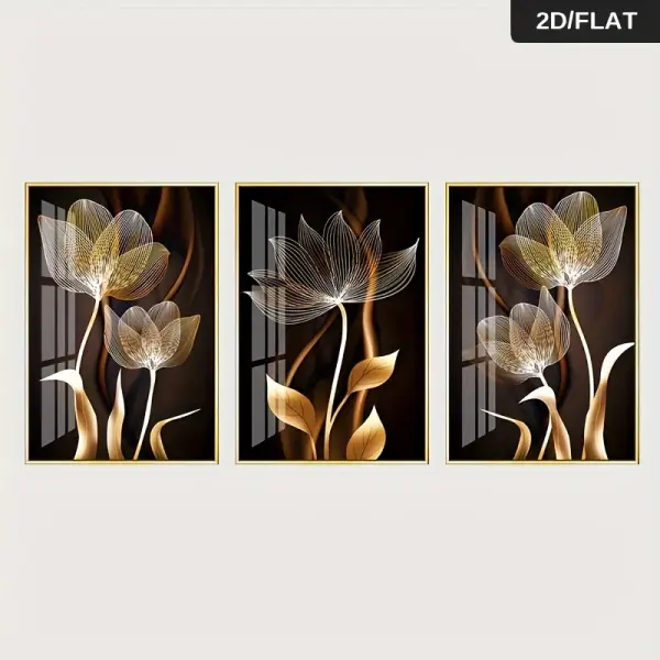 3pcs Elegant Black and Golden Abstract Flower Canvas Art