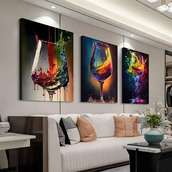 3pcs Inner-Frame Colorful Wine Glass Print, Wine Abstract Wine Wall Decor