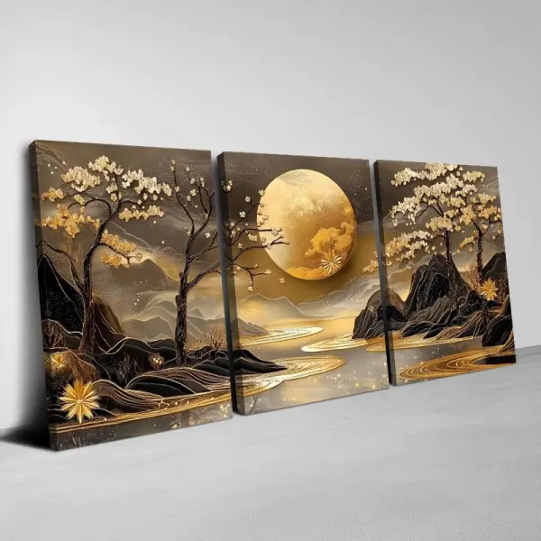 3pcs Golden Sunset Mountain Landscape Canvas Wall Art