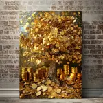 1pc Golden Tree & Coins Canvas Wall Art