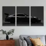 3pcs Frameless Canvas Wall Art - Black Sports Car in Dark