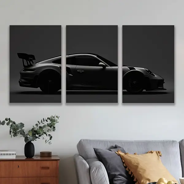 3pcs Frameless Canvas Wall Art - Black Sports Car in Dark