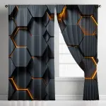 2pcs Modern Geometric Orange Hexagon Print Curtain Set - 3D Textured Honeycomb Design
