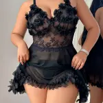 2pcs Plus Size Sexy Lingerie Set: Lace-Up Mesh Floral Skater Dress + Thong