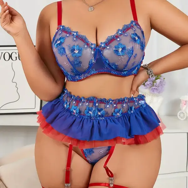 Lingerie Embroidered Floral Flat Bra with Steel Ring Sexy Lingerie 3pcs Set