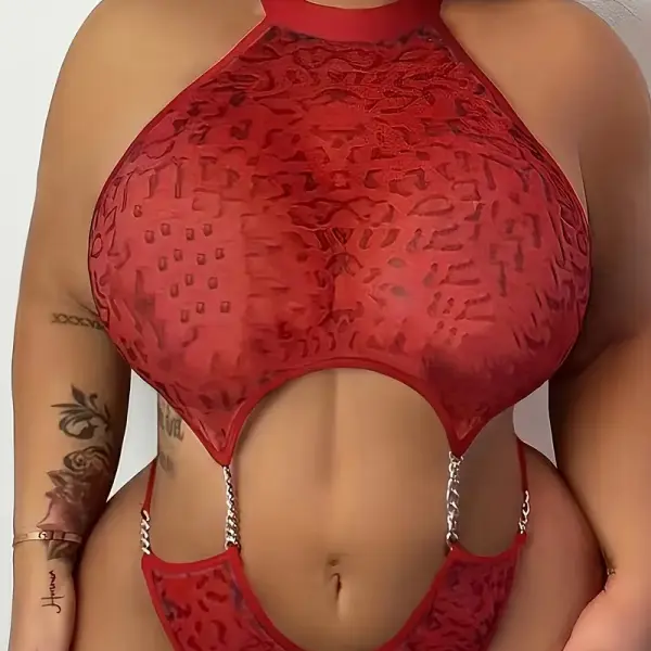 Size Sexy Halter Ribbed Sheer Metallic Chain Bodysuit