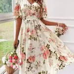 Elegant Floral Dress with Ruched Waist - V-Neck