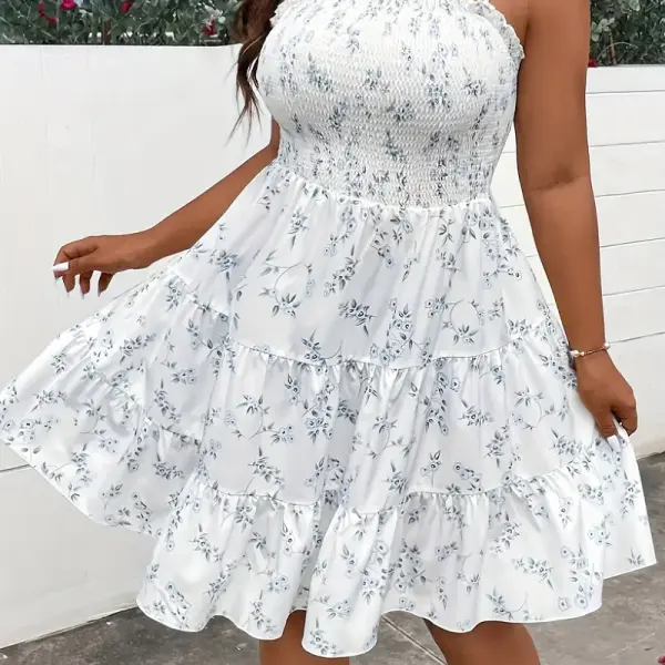 Floral Print Sleeveless Dress - Off-Shoulder Ruffled Hem