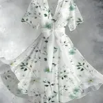 Vintage Floral Art Print V-Neck Elegant Chic Short