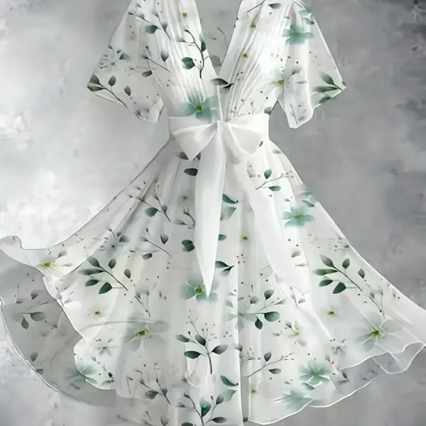 Vintage Floral Art Print V-Neck Elegant Chic Short